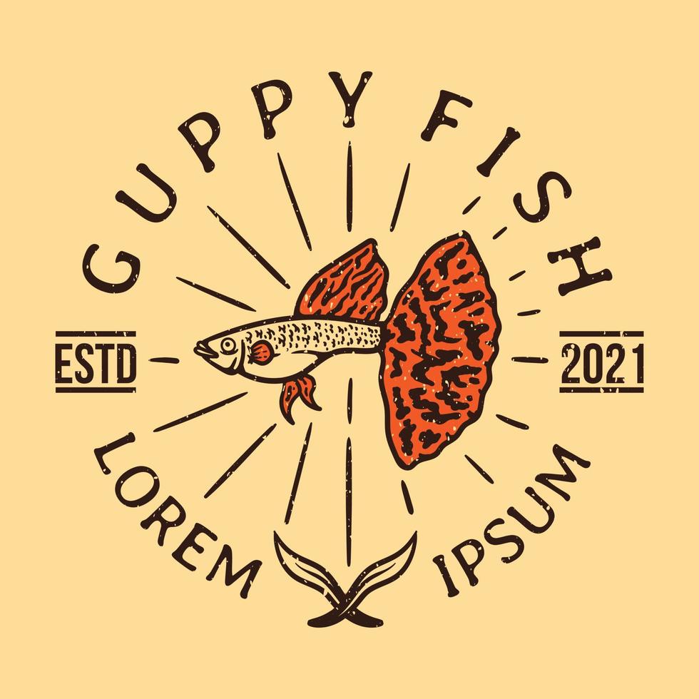 Vintage-Logo von orangefarbenem Guppy-Fisch mit Grunge auf Licht vektor