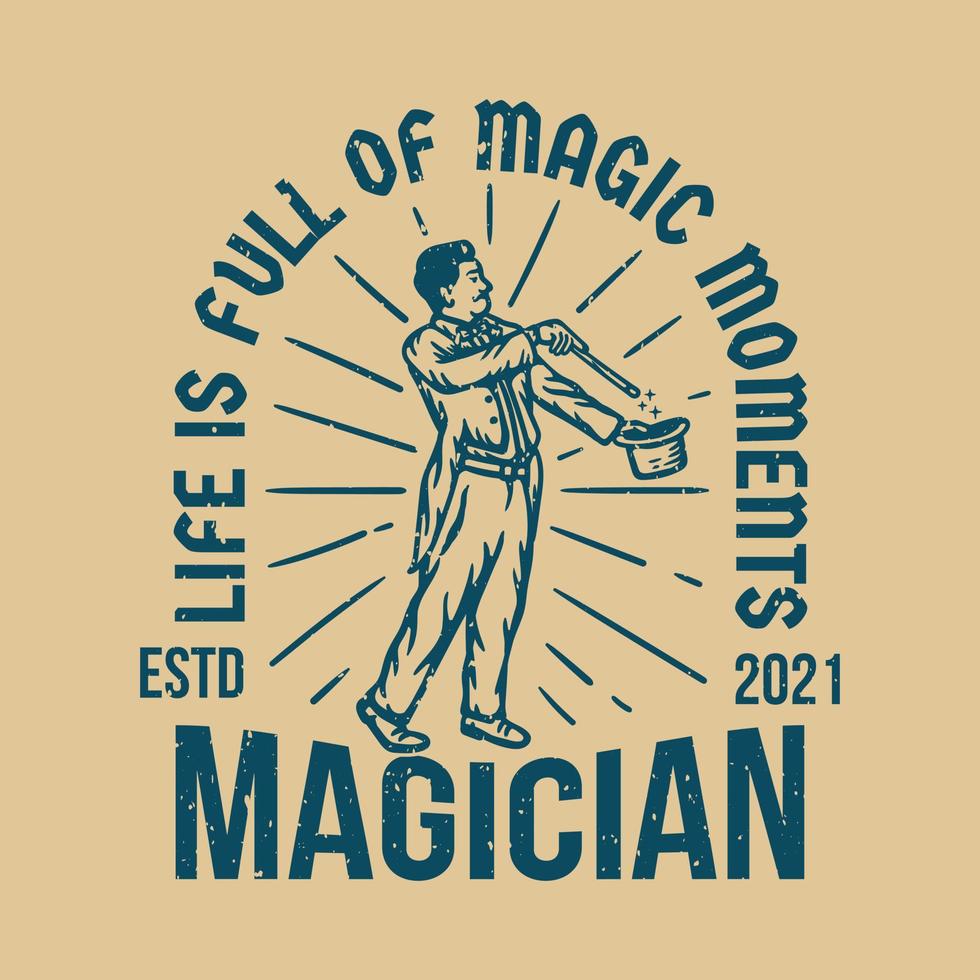 magiker logotyp håller trollspö och hatt vintage stil vektor
