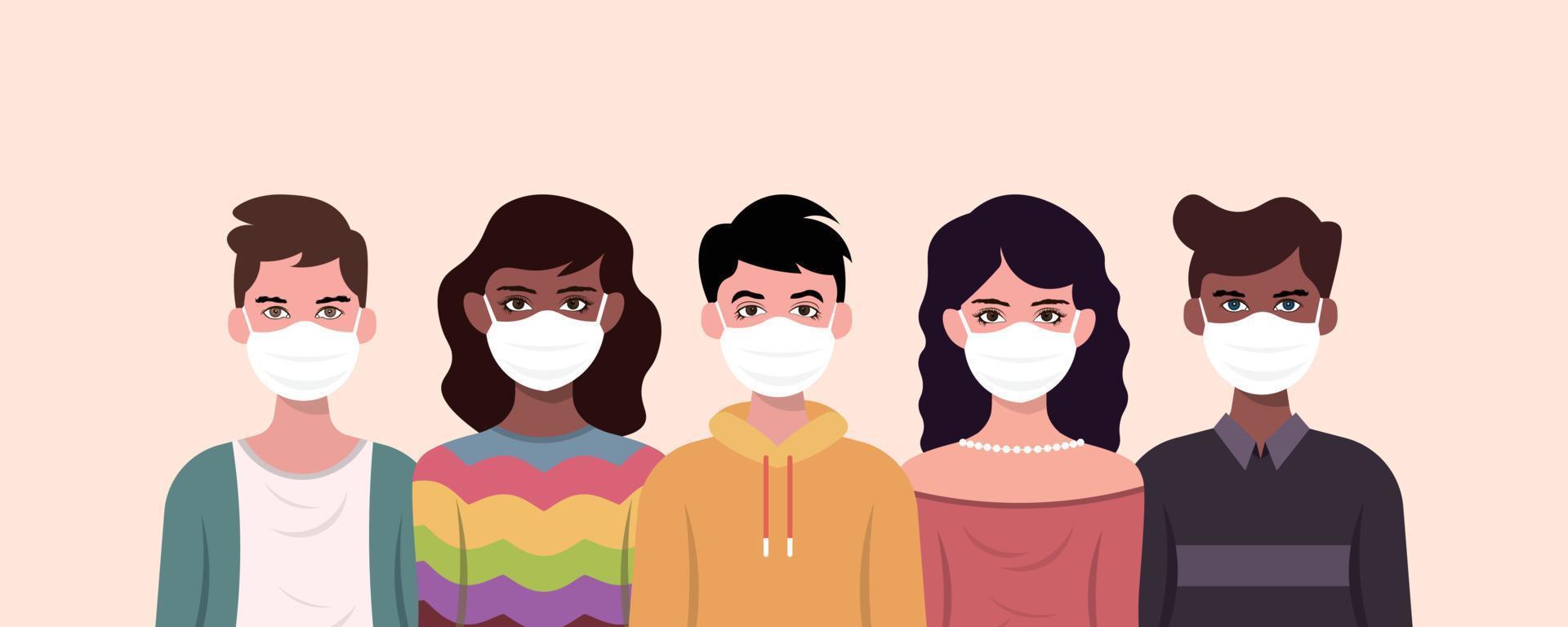 grupp män och kvinnor från olika kulturer som bär medicinsk mask. mångfald multietniska och mångrasiga människor. begreppet rasjämlikhet och antirasism. multikulturellt samhälle. vektor