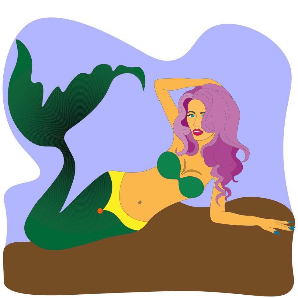 sjöjungfru flicka med lila hår ligger på sanden på botten av havet. söt och sexig tjej med lockigt hår, magisk och fantastisk varelse. vektor