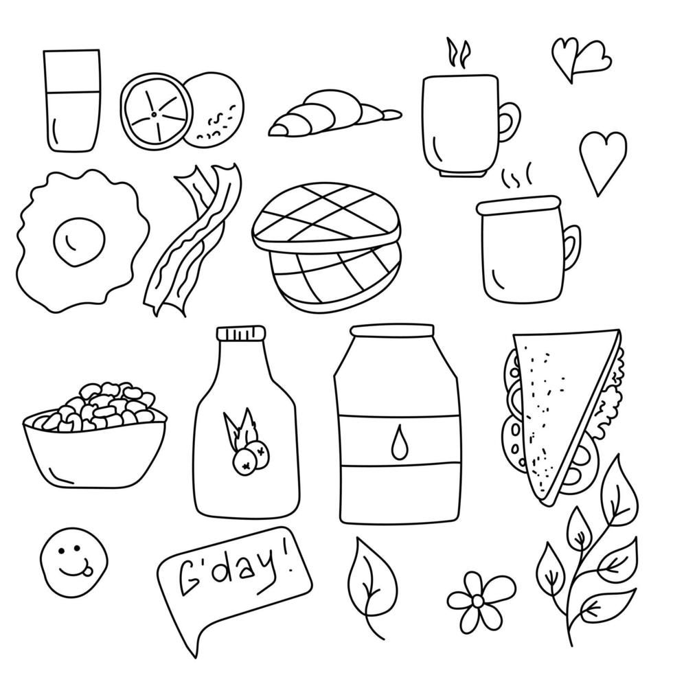 Frühstücks-Doodles-Set, beliebtes Frühstücksessen und einige Utensilien, Getränke und Lebensmittel für die Morgenmahlzeit vektor