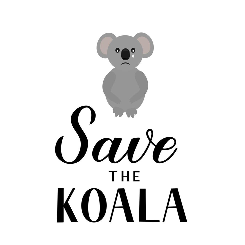 Speichern Sie den Koala-Schriftzug mit dem weinenden Cartoon-Koala, isoliert auf weiss. Betroffene Tiere vom Buschfeuerkonzept. Vektorvorlage für Banner, Typografie-Poster, Flyer, Aufkleber usw. vektor