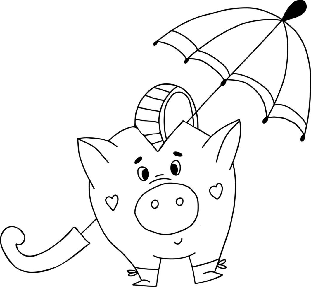 süßes Schwein Sparschwein unter einem Regenschirm. Vektor-Illustration. handgemachtes Doodle-Element für Design und Dekor vektor