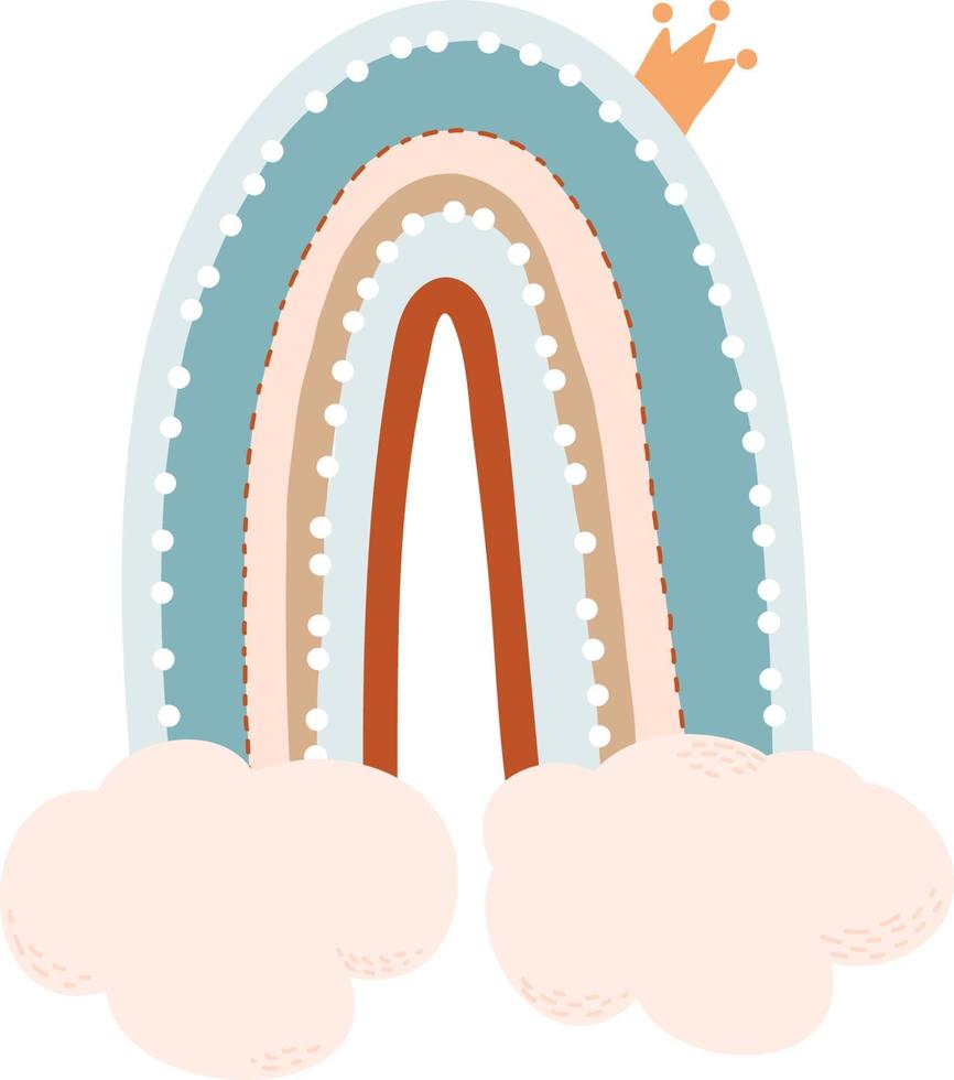 schöner Regenbogen mit Krone in Wolken. Vektor-Illustration. skandinavischer Stil, Handzeichnung für Design, Dekor und Kinderkollektion vektor