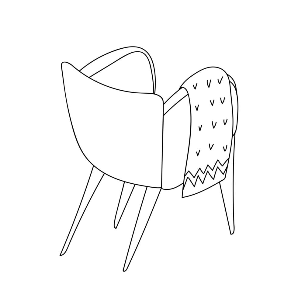 bequemer Sessel mit Decke im skandinavischen Stil. gemütliche europäische möbel und wohnkultur. Winterhygge. handgezeichnete lineare kunstillustration. isolierte Linie auf weißem Hintergrund vektor