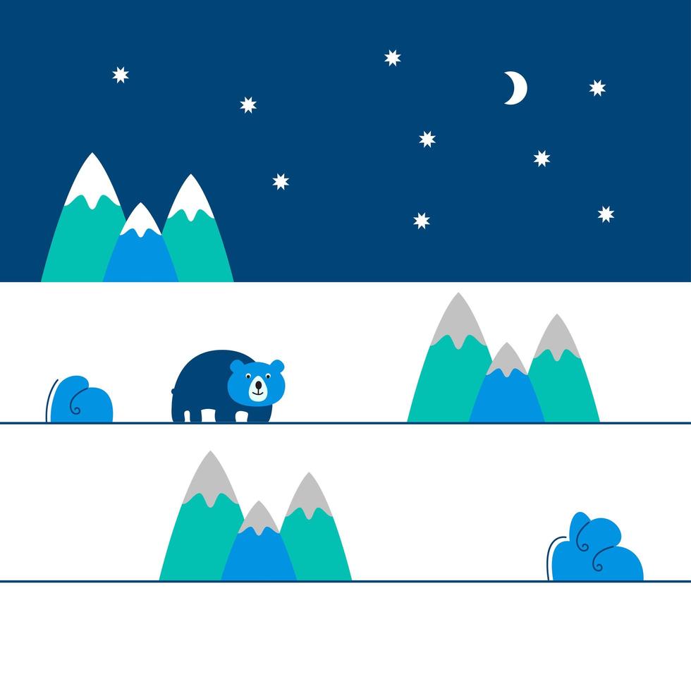 Winterschnee Nordlandschaft mit Nachtsternenhimmel. Berge oder Hügel, schneebedeckte Gipfel, Verwehungen und Eisbären. Design für Postkarte, Website. flache, geometrische und minimalistische Vektor-Cartoon-Illustration vektor