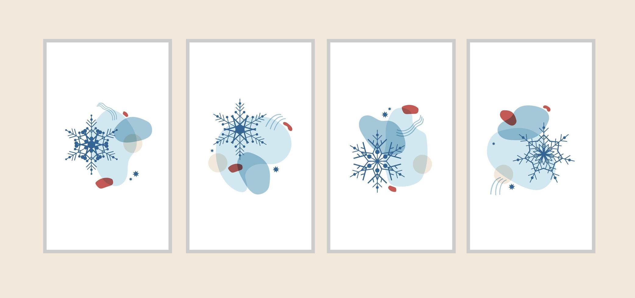 set abstrakt vinter illustration av former och snöflingor i blått med en röd. vertikal dekor för kort, affischer, inbjudningar, banderoller, sociala nätverk för jul och nyår. vektor isolerade
