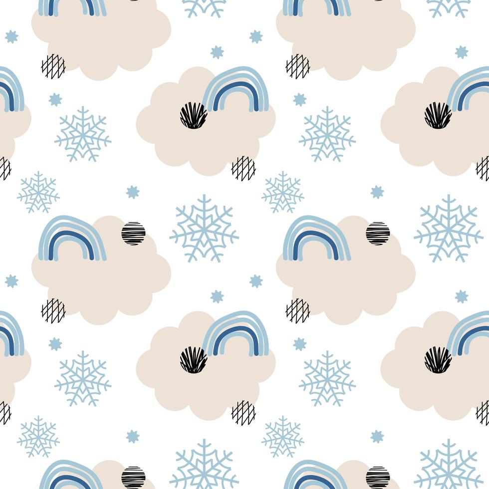 weißer Winter abstraktes nahtloses Muster mit Schneeflocken, Wolken, Regenbogen. trendige handgezeichnete Texturen Winter Hintergrund. schneebedecktes abstraktes Design für Papier, Stoff, Inneneinrichtung, vektor