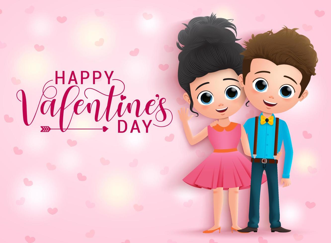 Valentinstag Charakter Vektor Konzept Hintergrund. Happy Valentinstag Typografie Gruß mit Liebhaber Cartoon Charaktere glücklich lächelnd und winken in Rosa mit Herz Hintergrund. Vektor-Illustration.