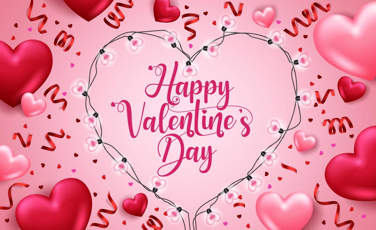 Valentinstag Vektor Hintergrunddesign. Happy Valentine's Day Text mit 3D-Herzen, Herzformlicht und Konfetti-Dekorationselementen für die Gestaltung von Valentinstagskarten. Vektor-Illustration