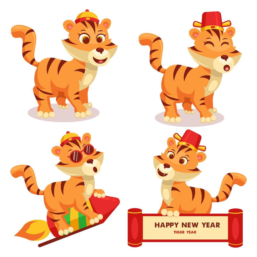 Süße Tiger Feier Chinesisches Neujahr Cartoon Design Vektor Illustration