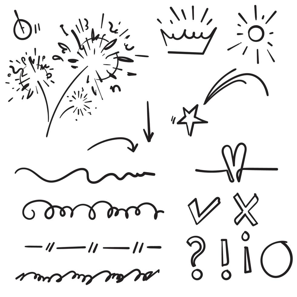 doodle set element, svart på vit bakgrund. pil, hjärta, kärlek, stjärna, löv, sol, ljus, blomma, krona, kung, drottning, swish, svep, betoning, virvla, hjärta, för konceptdesign. handritad stil vektor