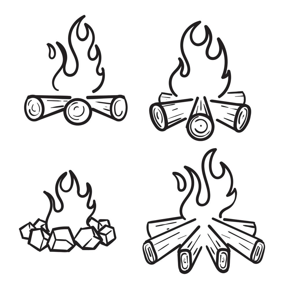 handgezeichnete Brennholzflammen, Lagerfeuer oder Lagerfeuerflammenkamin im Doodle-Stil-Vektor vektor