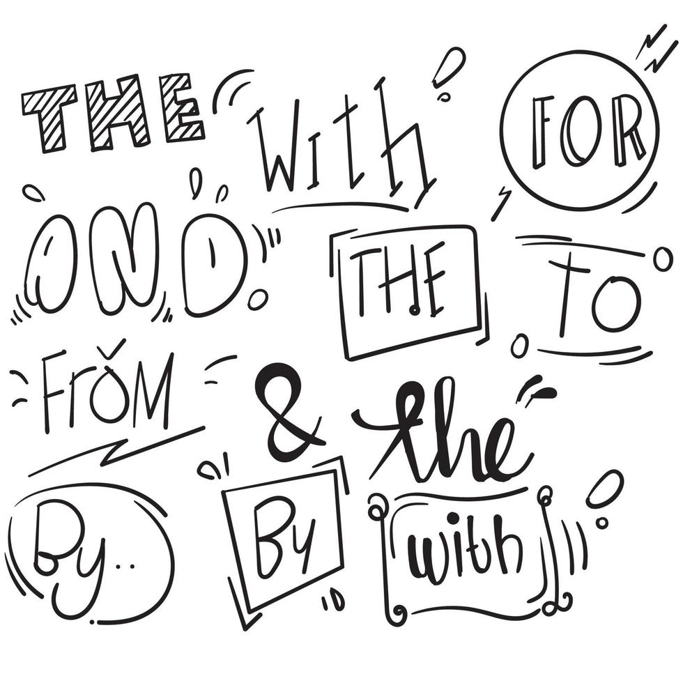 handritad designelement set. ord, med, från, av, för, till, och, med doodle-et-tecken, slagord, kalligrafi, handritad stil vektor