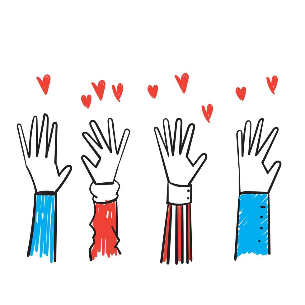 Hand gezeichnetes Gekritzel hebt Hand s und Liebessymbol für Freiwilligenarbeitsikonenvektor an vektor