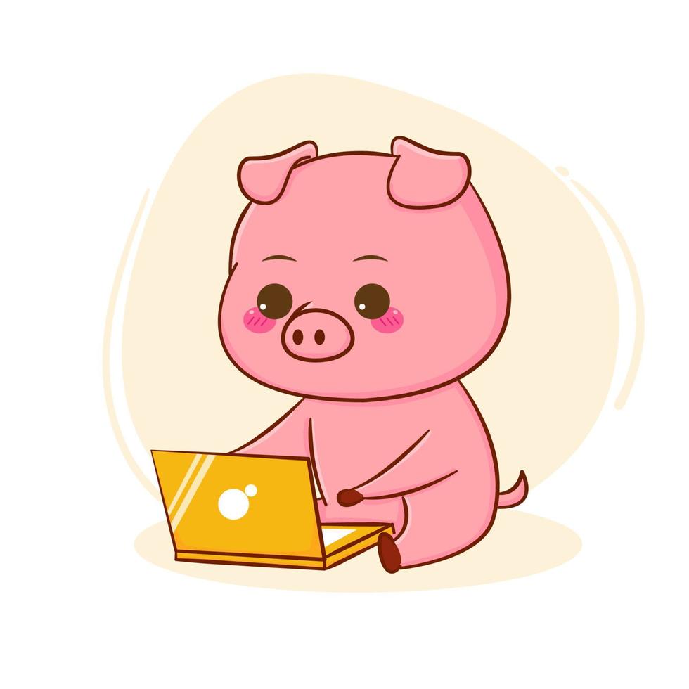 süßes Schwein, das an Laptop-Cartoon-Figur arbeitet, isoliert, handgezeichneter Stil vektor
