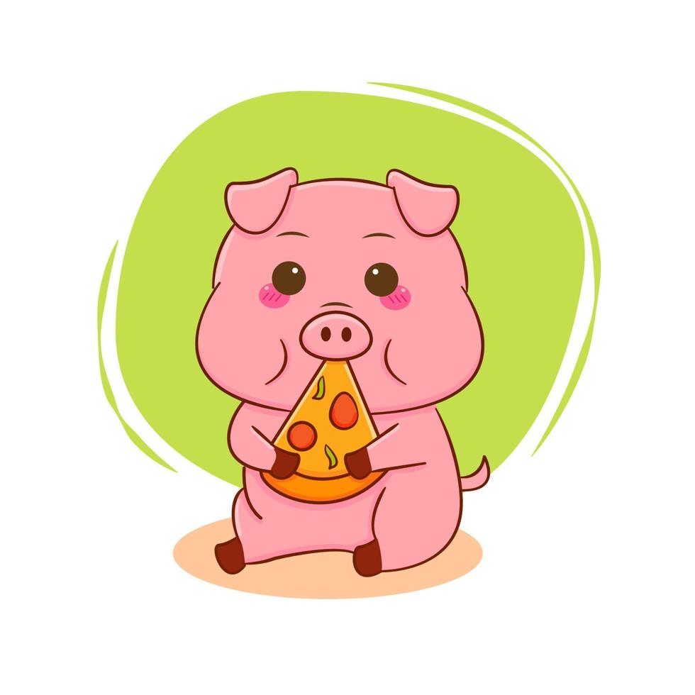 süßes Schwein, das Pizza isst. Cartoon-Figur isolierten Hintergrund. vektor