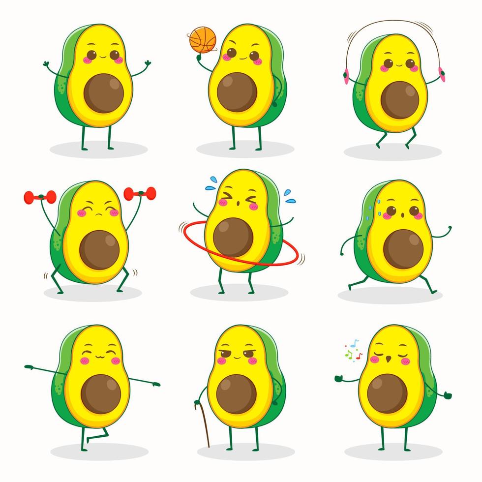 Set süßes Avocado-Maskottchen. lustige Essen-Cartoon-Figur. vektor