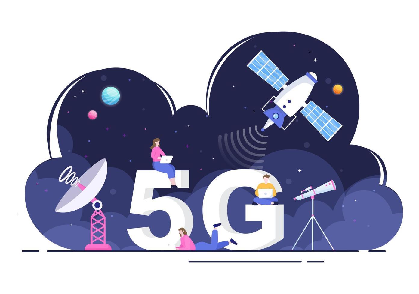 konstgjorda satelliter som kretsar runt planeten jorden med trådlös teknologi globalt 5g internetnätverk satellitkommunikation i platt bakgrundsillustration vektor