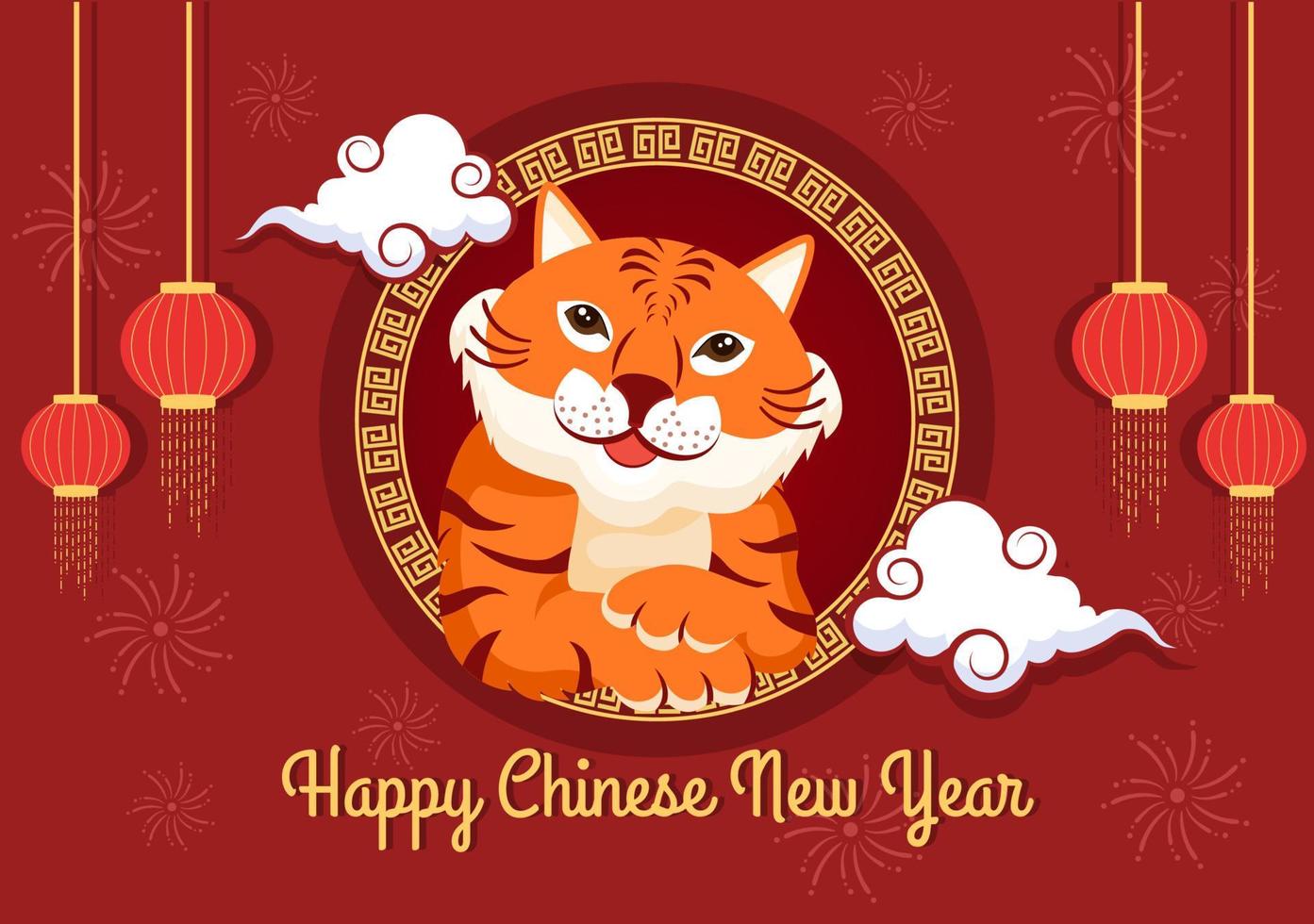 Frohes chinesisches neues jahr 2022 mit tierkreis süßem tiger und blume auf rotem hintergrund für grußkarten, kalender oder poster in flacher designillustration vektor