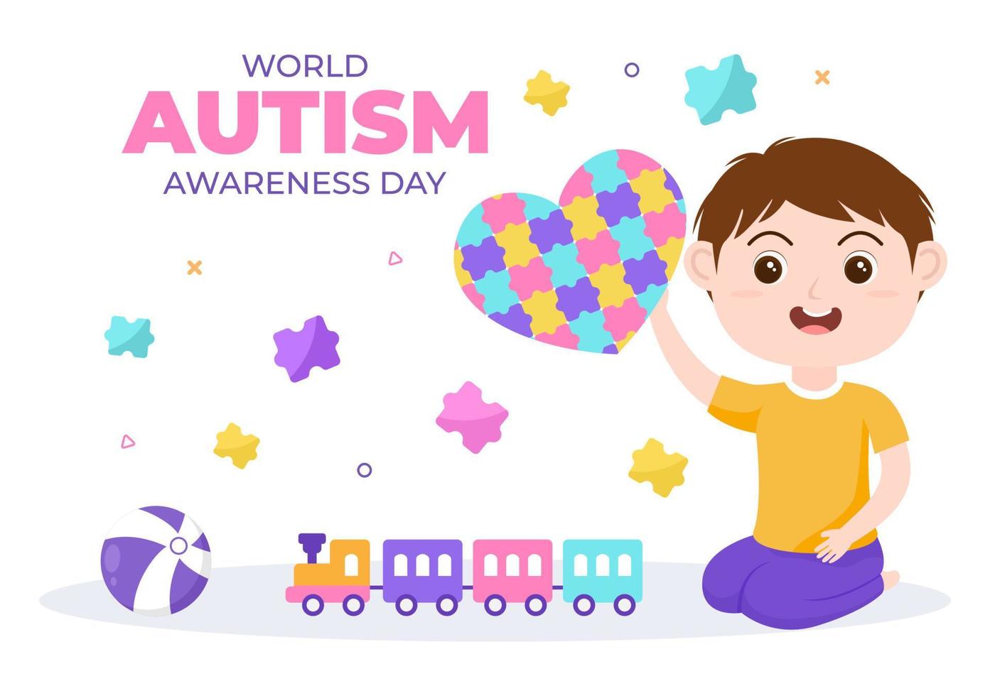 Welt-Autismus-Bewusstseinstag mit süßen Charakterkindern und Hand von Puzzleteilen, geeignet für Grußkarten, Poster oder Banner in flacher Designillustration vektor