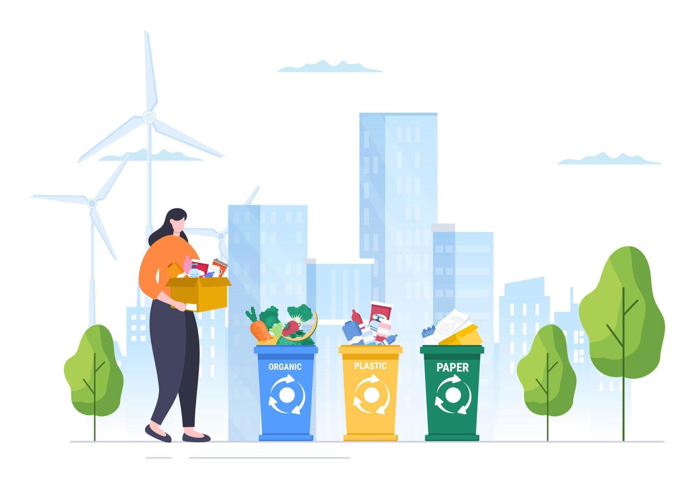 Recyclingprozess mit organischem Müll, Papier oder Kunststoff zum Schutz der ökologischen Umgebung, geeignet für Banner, Hintergrund und Web in flacher Illustration vektor