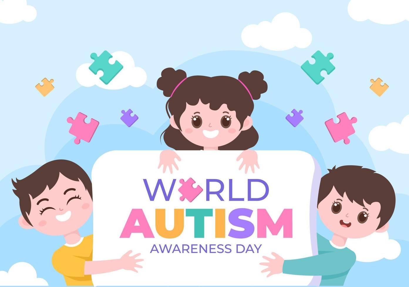 världsdagen för autismmedvetenhet med söta karaktärsbarn och en hand med pusselbitar lämpliga för gratulationskort, affisch eller banderoll i platt designillustration vektor