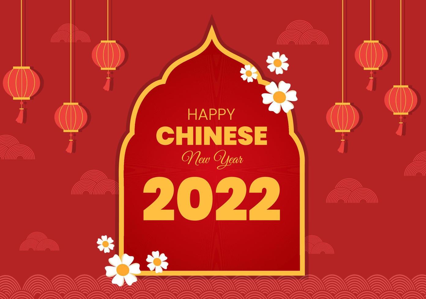 Frohes chinesisches neues jahr 2022 mit tierkreis süßem tiger und blume auf rotem hintergrund für grußkarten, kalender oder poster in flacher designillustration vektor