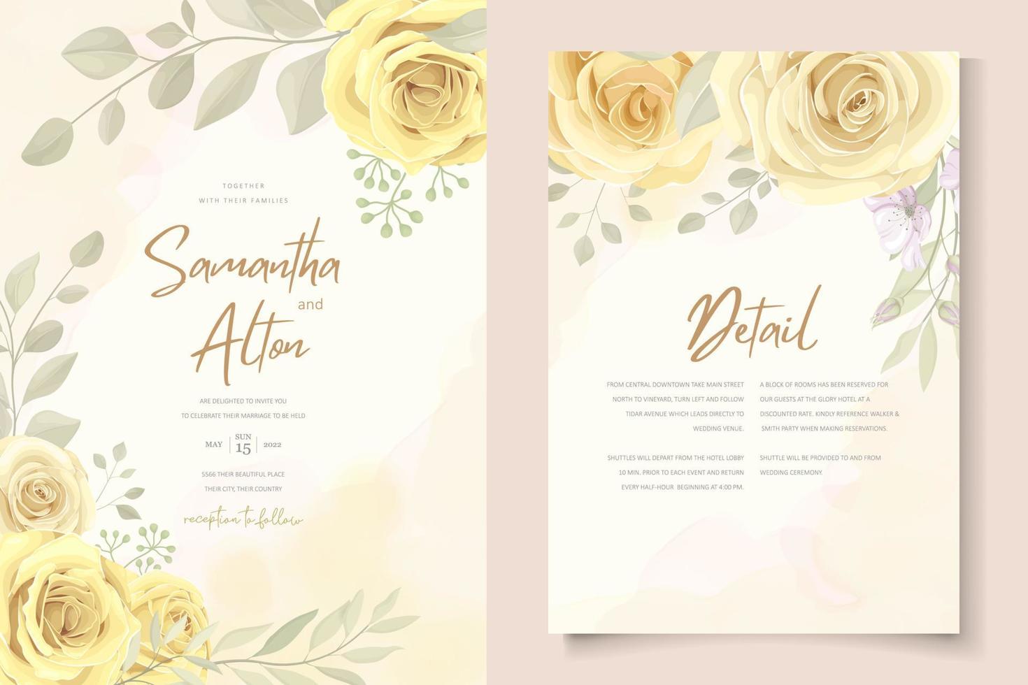 Hand gezeichnetes blühendes Rosenblumenhochzeitseinladungsschablonendesign vektor