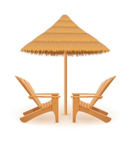 strand fåtölj lounger deckchair trä och paraply gjord av halm och reed vektor illustration