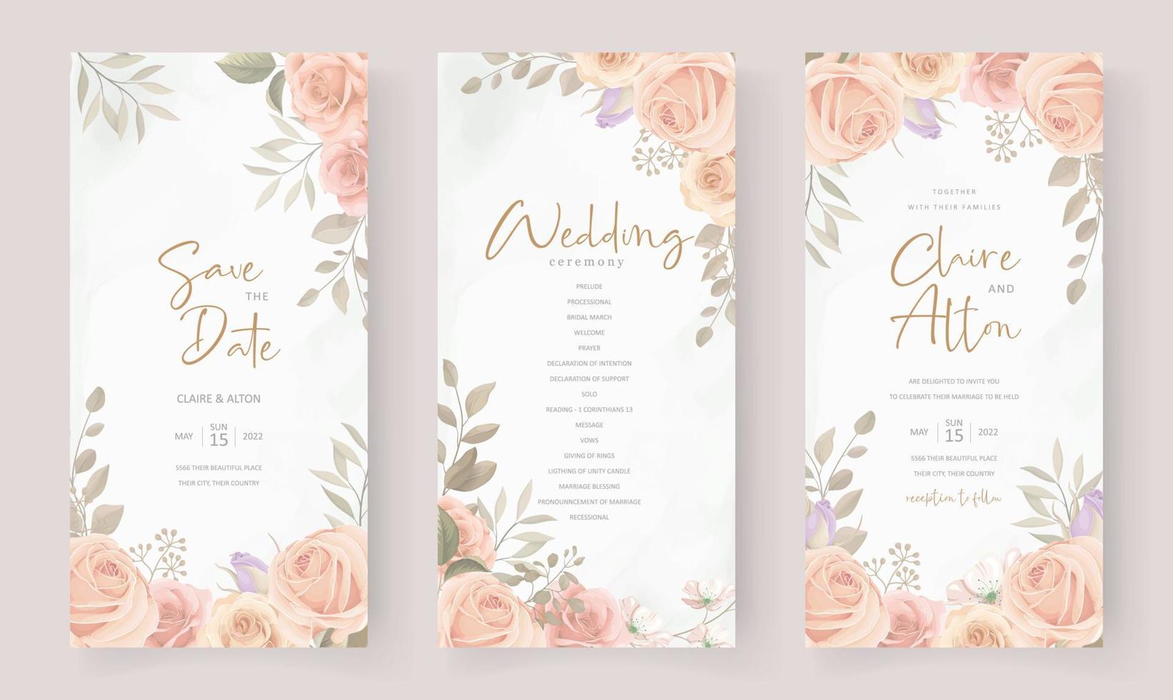 vackra mjuka blommor och löv bröllopsinbjudan kortdesign vektor