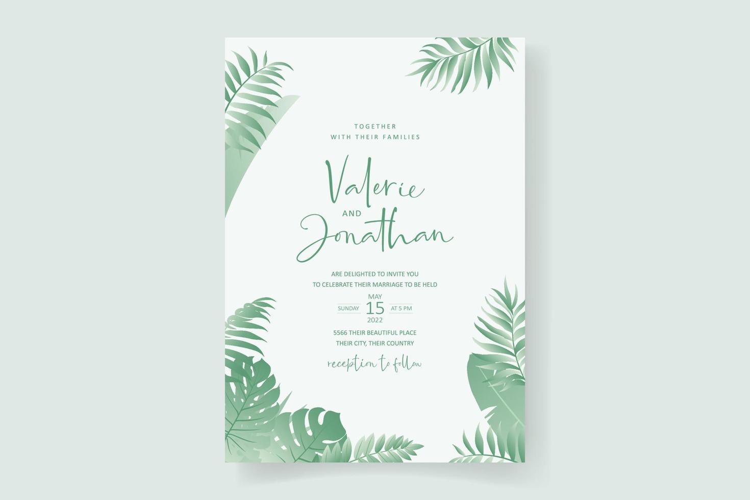 sommar bröllop kortdesign med tropiska löv prydnad vektor
