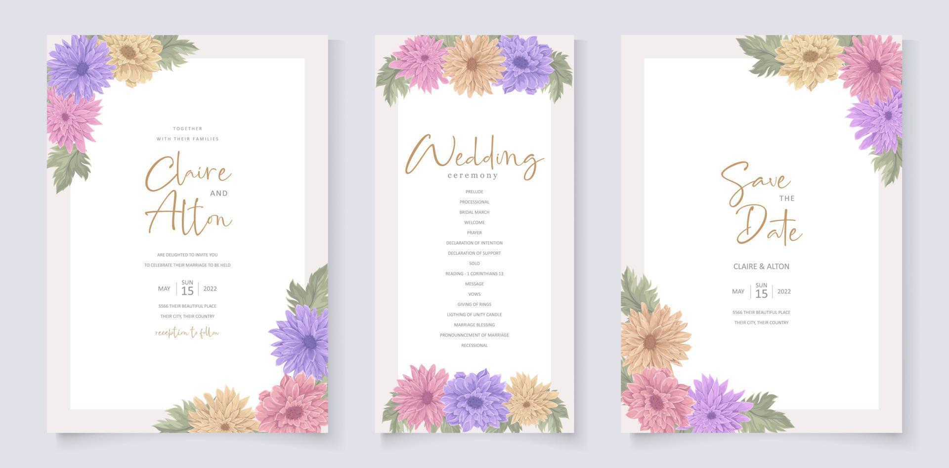 Hochzeitseinladungsdesign mit schönem Chrysanthemenblumenornament vektor