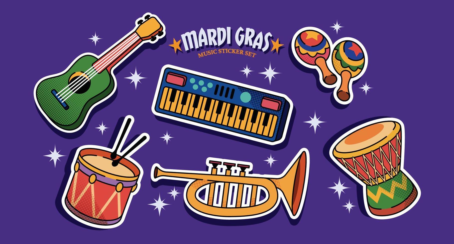 Mardi Gras Musikinstrument Aufkleber Set vektor