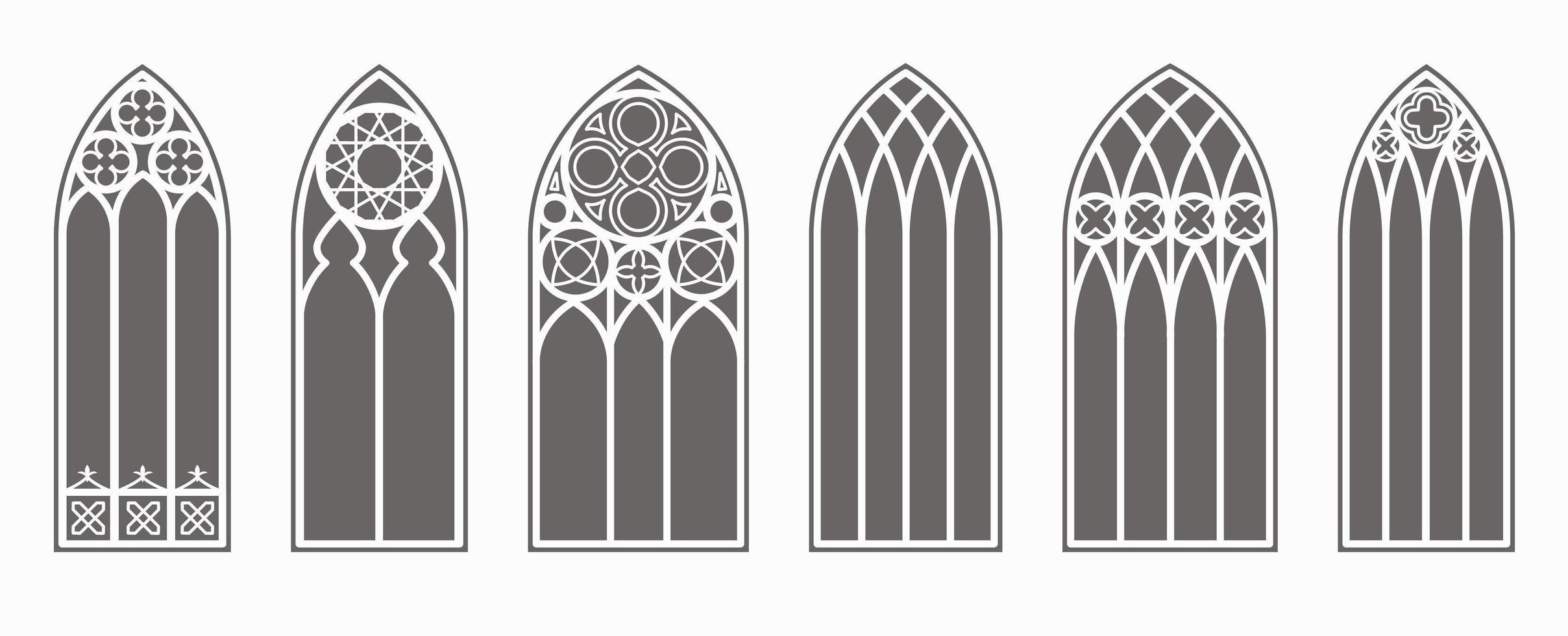 gotische Fenster-Umriss-Set. Silhouette von Vintage Kirchenfenstern. Element der traditionellen europäischen Architektur. Vektor