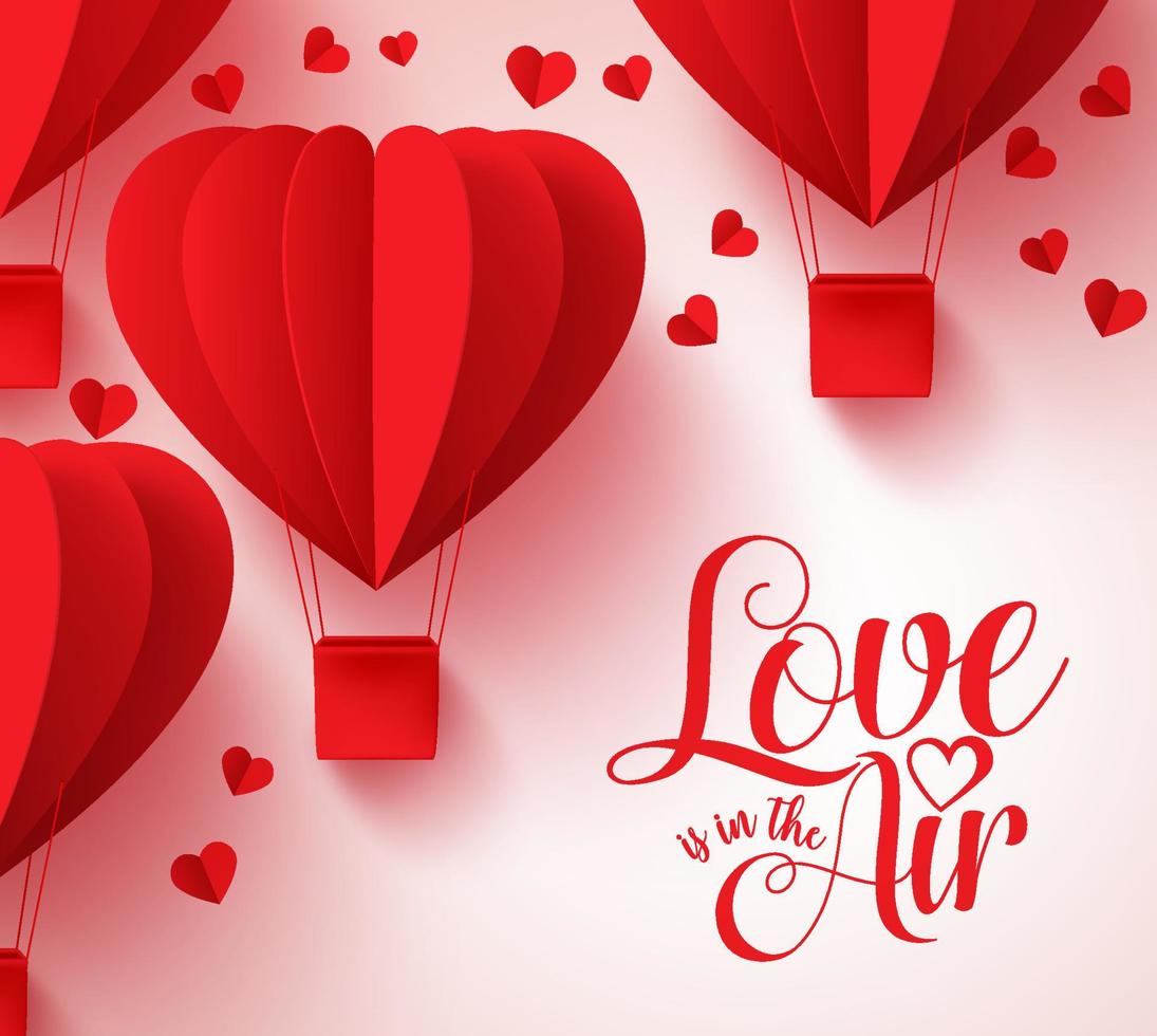 Liebe liegt in der Luft-Typografie zum Valentinstag mit papiergeschnittenen roten Herzballons, die im Hintergrund fliegen. Vektor-Illustration. vektor