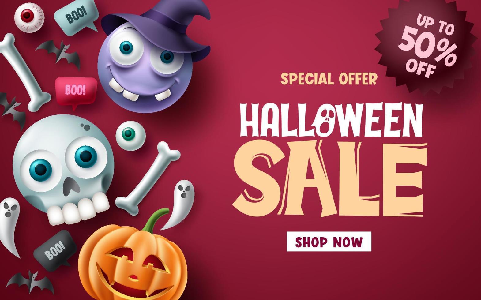 halloween försäljning vektor banner bakgrundsdesign. halloween specialerbjudande rabatt text med söt och läskig emoji karaktär för reklamannonser. vektor illustration.