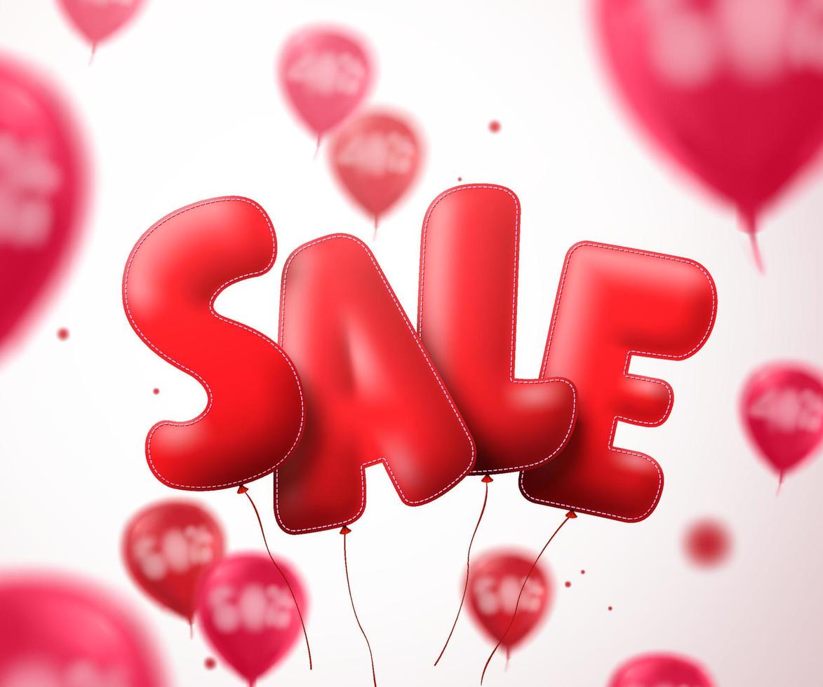 försäljning ballong text vektor banner design. flygande röd rea form med suddiga ballonger i en vit bakgrund för butik rabatt kampanjer. vektor illustration.