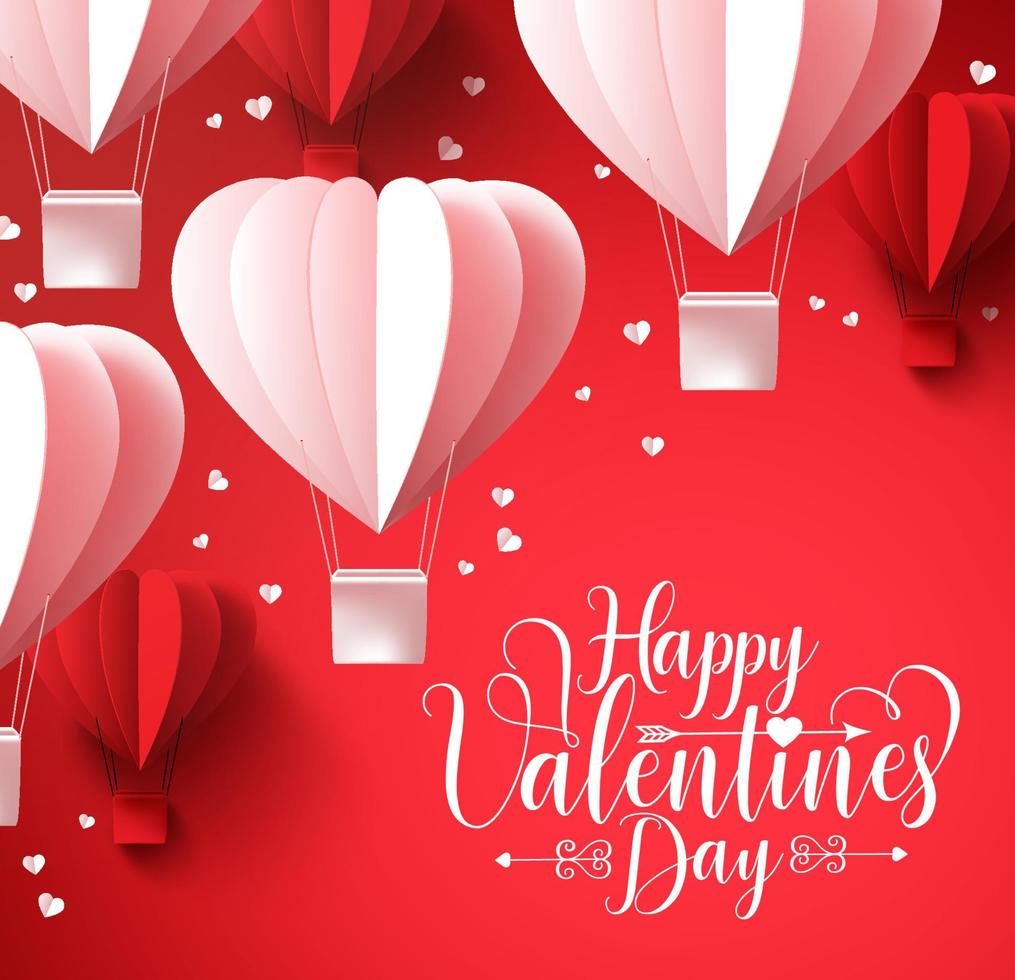 glad alla hjärtans dag hälsningar med papper skär hjärtform ballonger flyger och hjärtan element i röd bakgrund. 3D realistisk vektorillustrationdesign. vektor