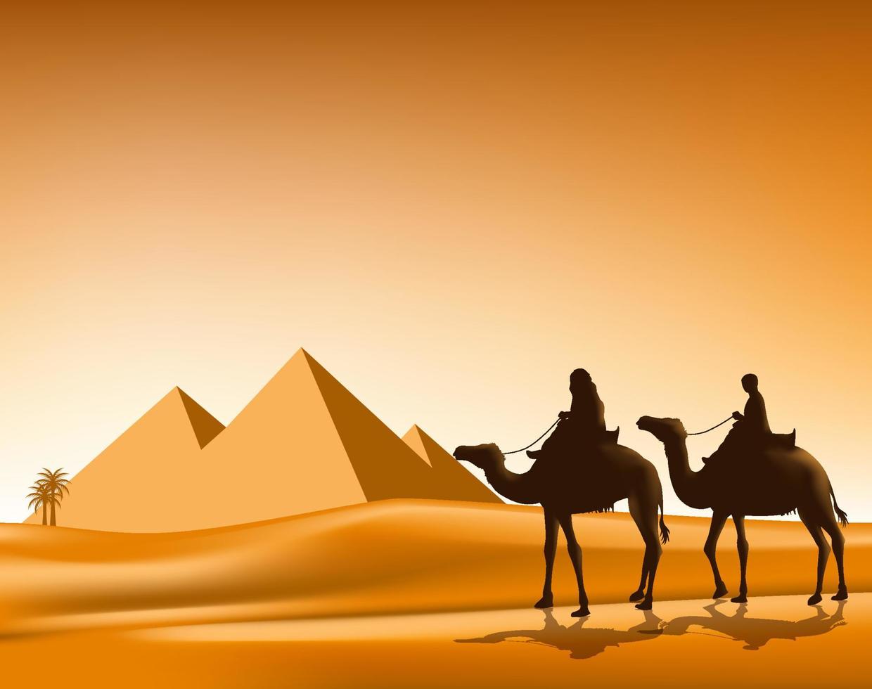 grupp av araber med kameler karavan som åker i realistisk bred ökensand i den stora pyramiden i Giza i Egypten. redigerbar vektorillustration vektor