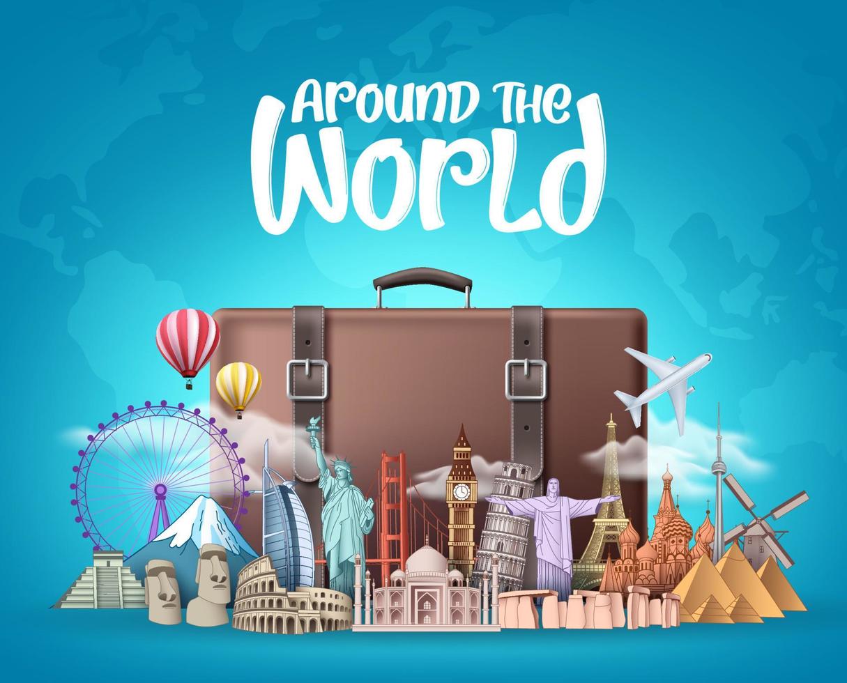 Reisen Sie um die Welt Vektor-Design. Reisekoffertasche und berühmte Wahrzeichen auf der ganzen Welt mit Text aus der ganzen Welt in blauem Hintergrund. Vektor-Illustration. vektor