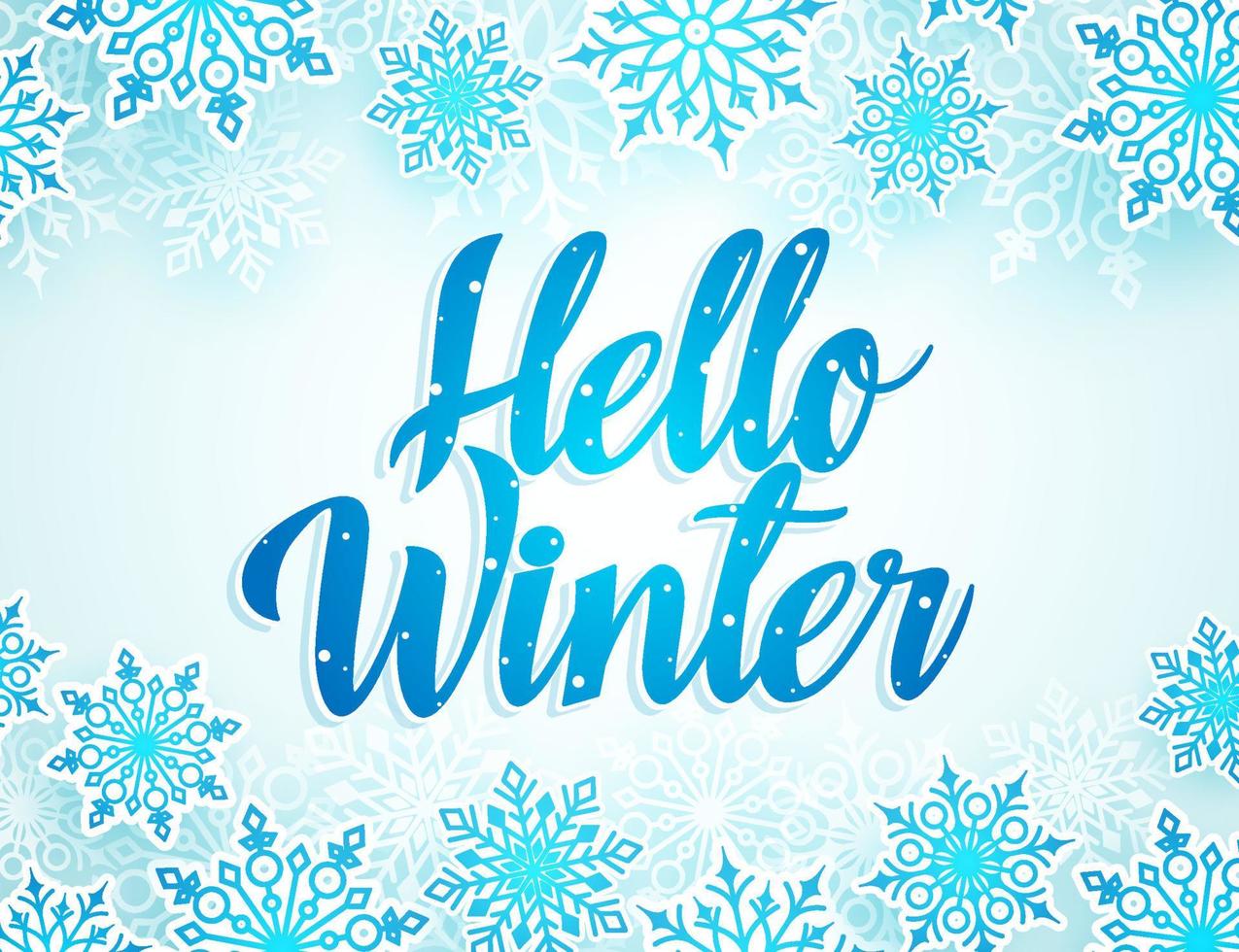hej vinter vektor hälsningar design med blå typografi och snöflingor element i vit bakgrund för vintersäsongen. vektor illustration.