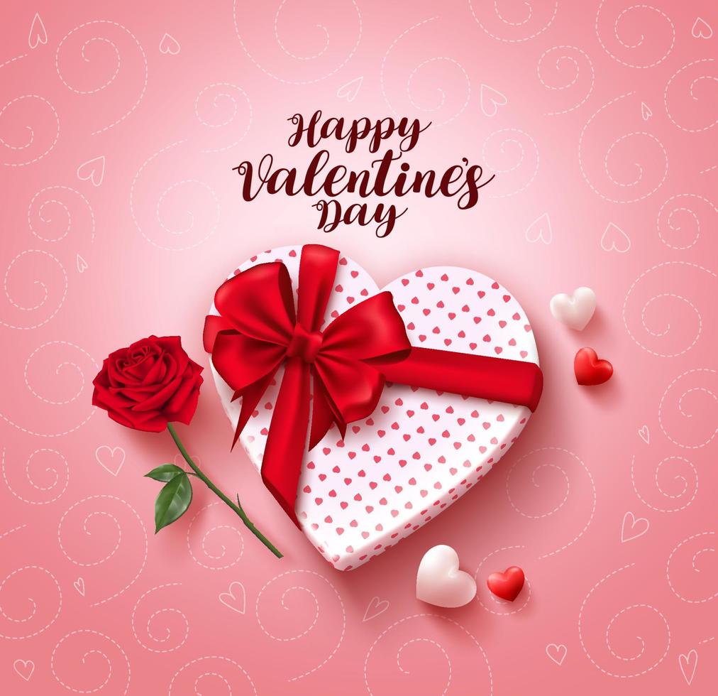 Happy Valentinstag Grußkarten-Vektor-Design mit Liebesgeschenk, Lasso, Rosenblüte und Herzen in rosa Musterhintergrund für die Valentinstagsfeier. Vektor-Illustration. vektor