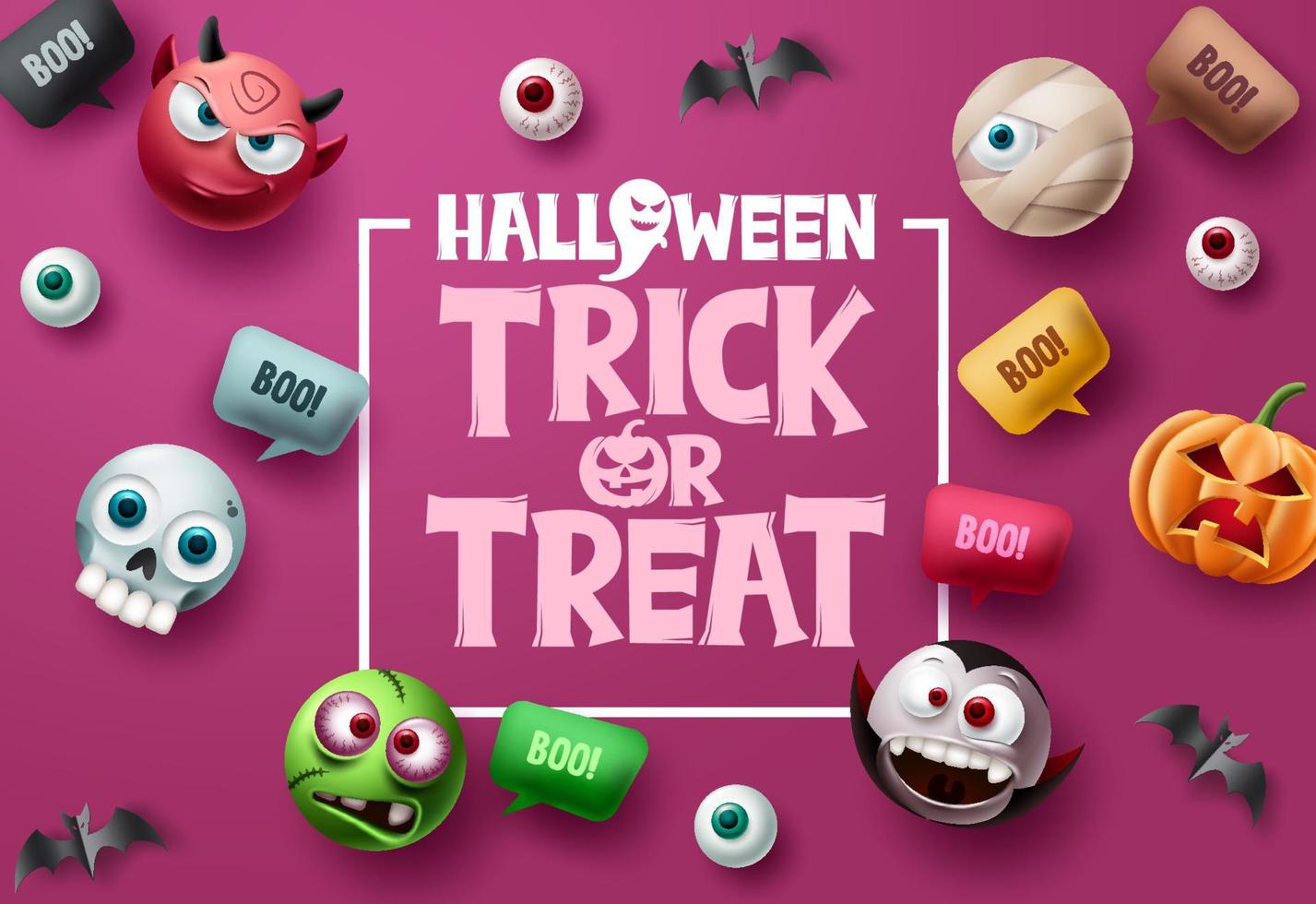 trick or treat halloween vektor bakgrundsdesign. halloween trick or treat text i rosa utrymme med söta, läskiga och kusliga maskotkaraktärer med pratbubblor. vektor illustration.