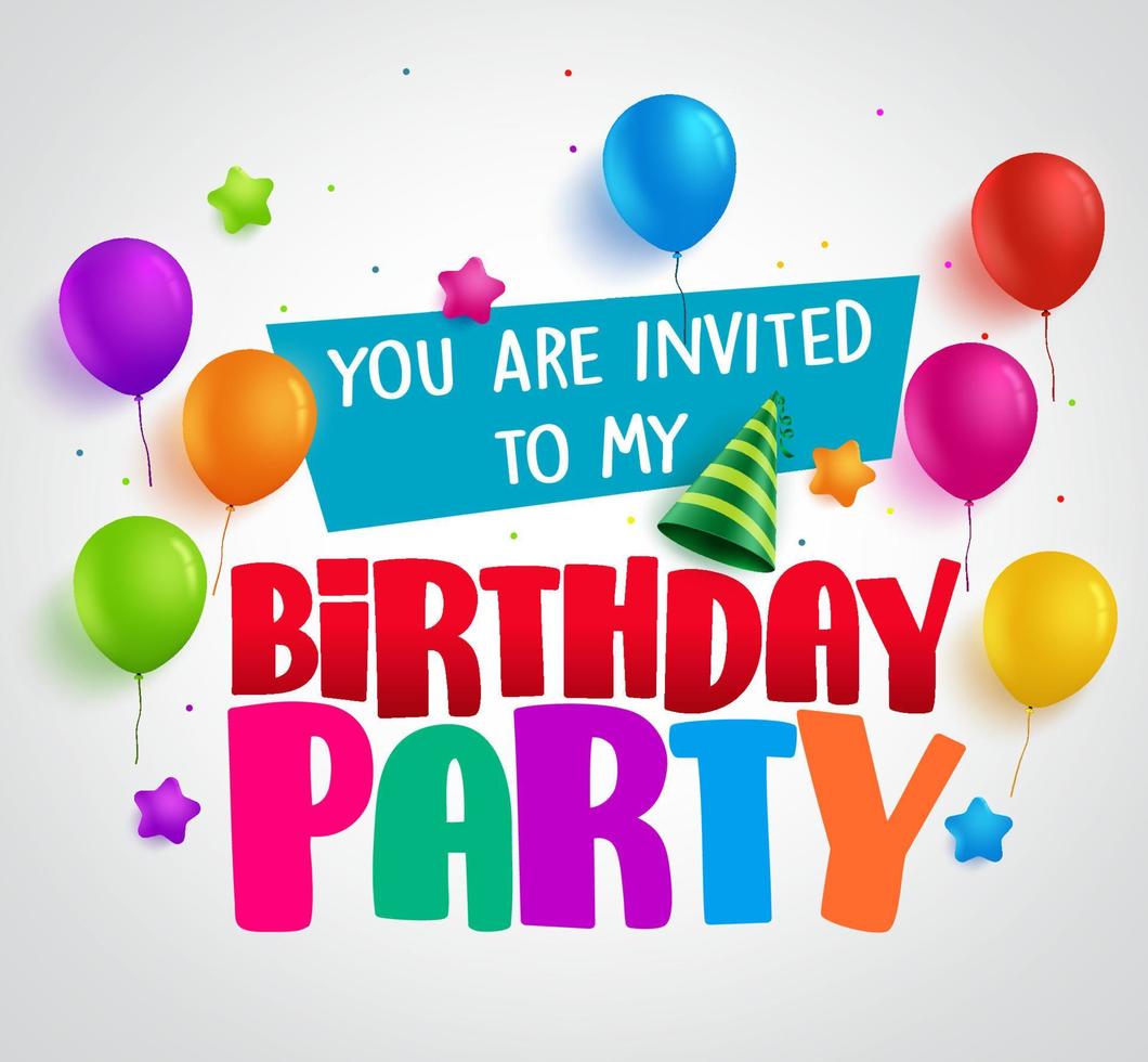 födelsedagsfest inbjudan bakgrund vektordesign med hälsningar och färgglada ballonger och födelsedag element i vitt. vektor illustration.