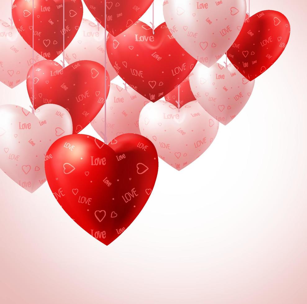 3d realistiska hjärtballonger som hänger för alla hjärtans bakgrund och gratulationskort med utrymme för text. vektor illustration