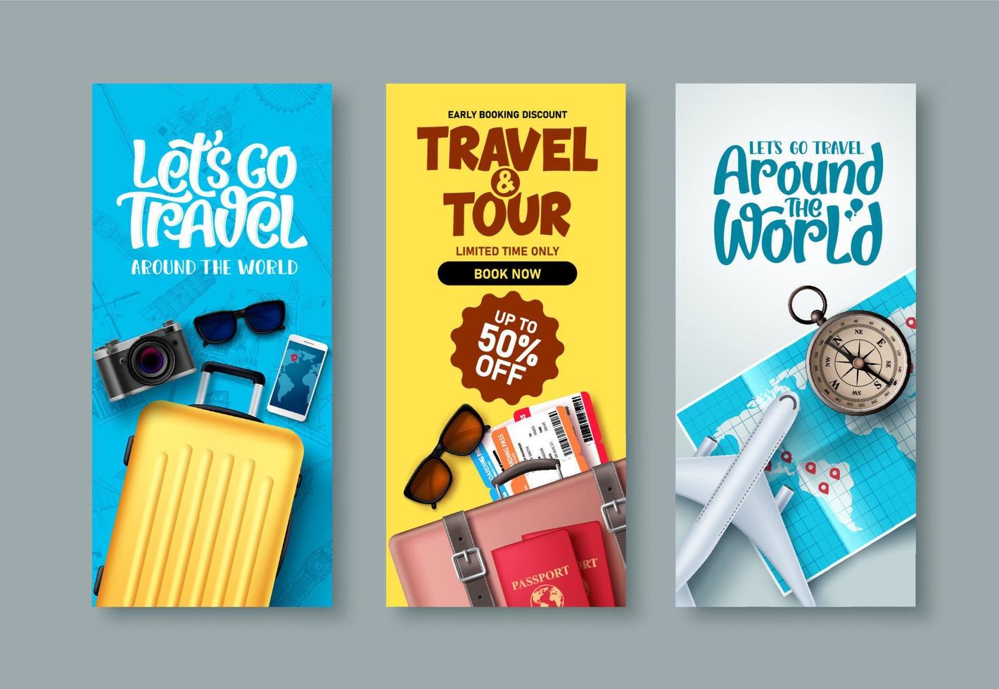 Reiseplakat eingestellter Vektorhintergrund. Reisen und Touren mit Werbetext und Reiseelementen für die Tourismuswerbung. Vektor-Illustration. vektor