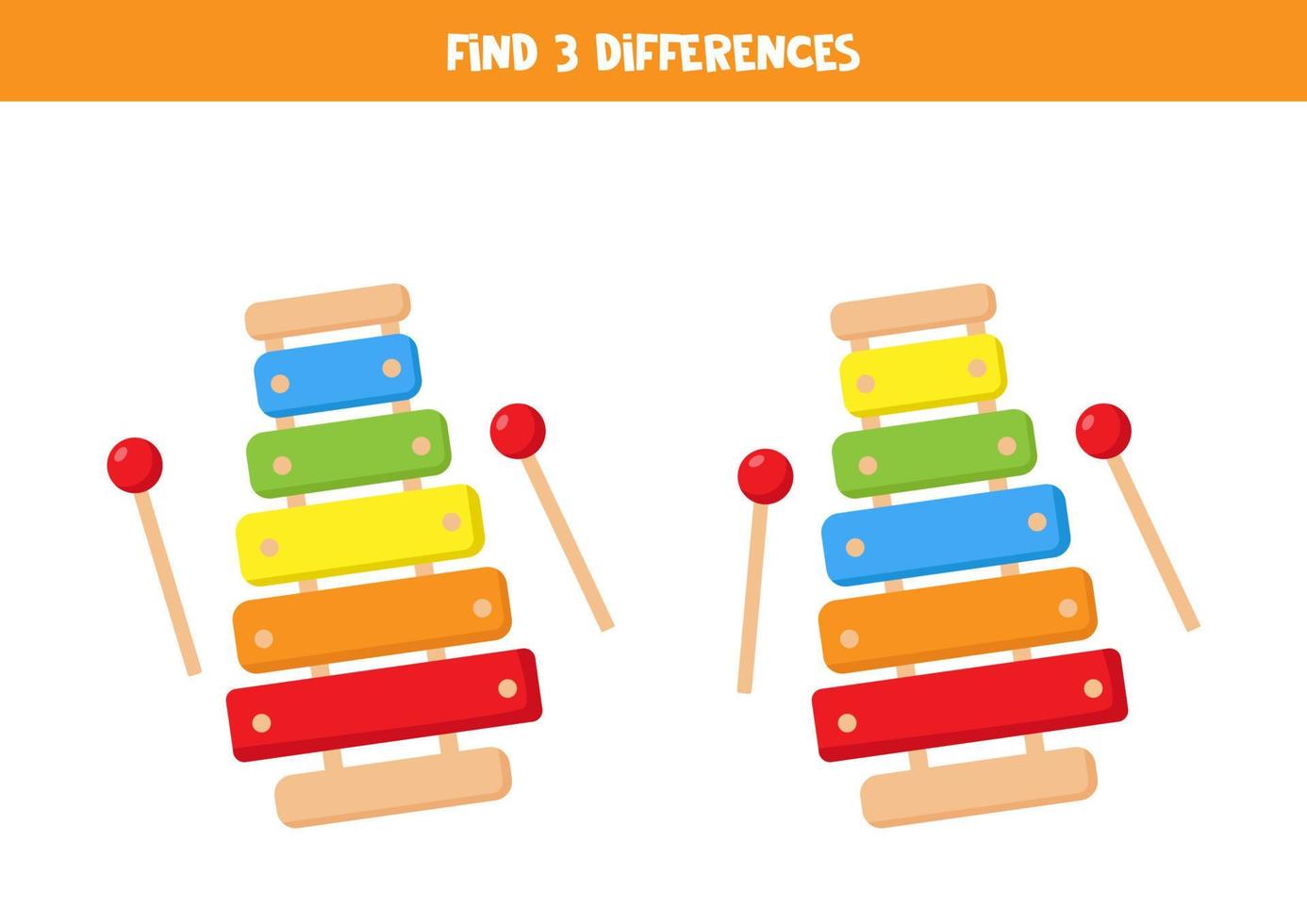 hitta 3 skillnader mellan två tecknade xylofoner. vektor