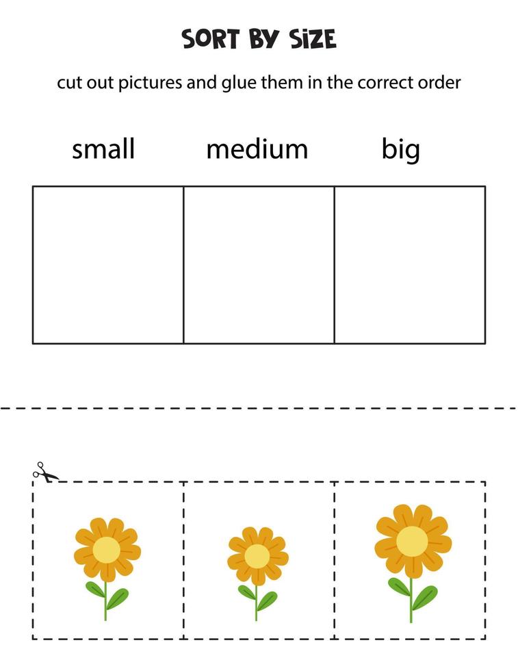 Bilder nach Größe sortieren. pädagogisches Arbeitsblatt für Kinder. vektor