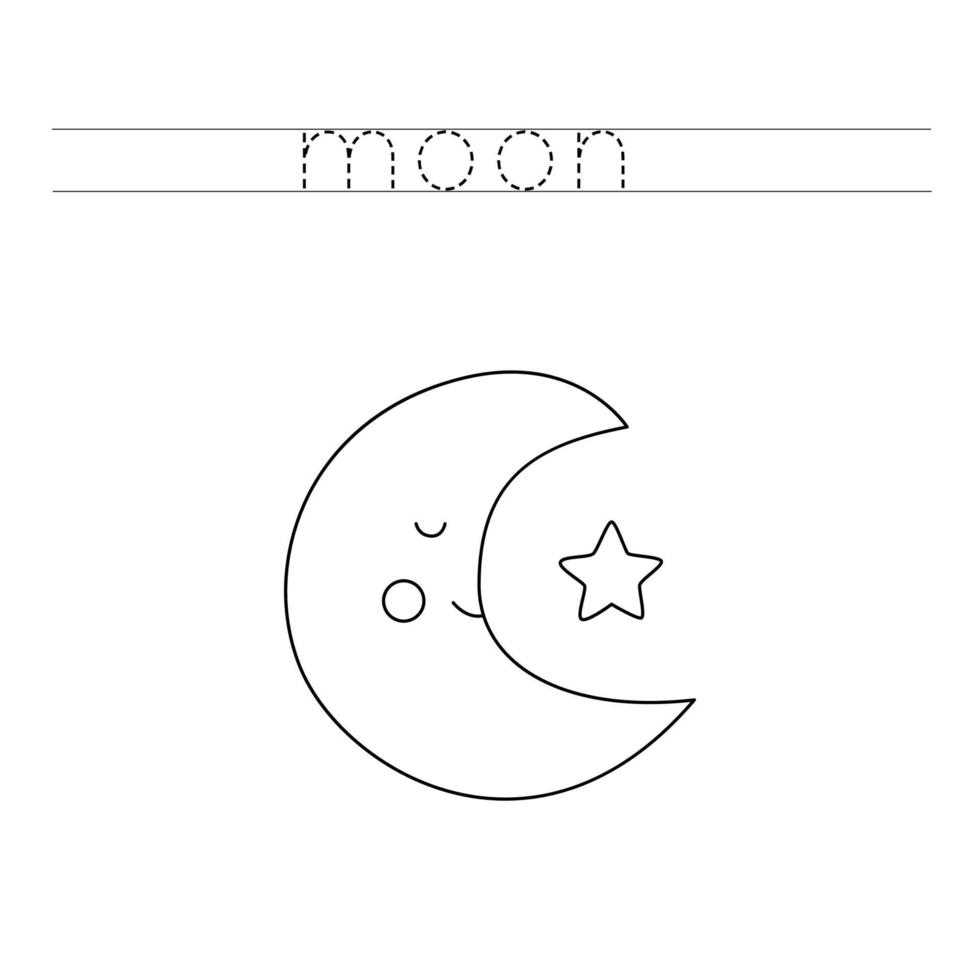 Verfolgen Sie die Buchstaben und färben Sie süßen Mond und Stern. Handschriftübungen für Kinder. vektor